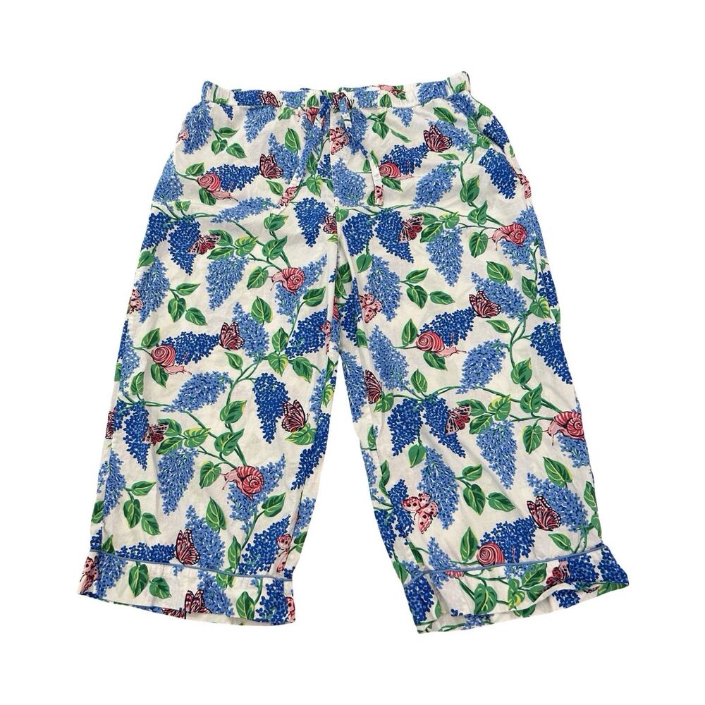 Printfresh Pajama Cropped Pants Womens Size L Blue & White Snails Garden Cotton
